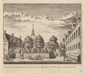 PRT-0095 Gezicht op de binnenplaats van het Dolhuis in Leiden, 1732