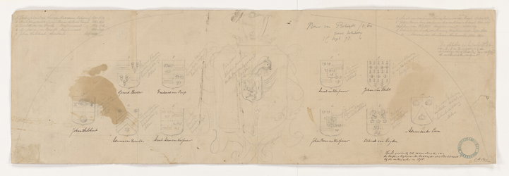 PRT-0213 Tekening van het wapen van Rijnland, aan weerszijden geflankeerd met de wapens van dijkgraven en ..., 1878