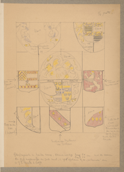 PRT-0224 Tekening van glasfragmenten in een houten raam, circa 1918