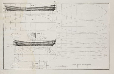 PRT-0230 Technische tekeningen van een tweetal schepen, met weergave van diverse lijnen en maten, 1838