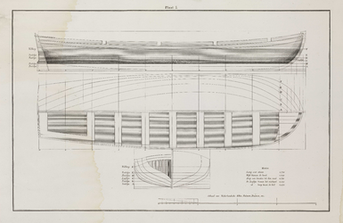 PRT-0231 Technische tekeningen van een schip, met weergave van diverse lijnen en maten, 1838