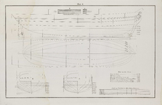 PRT-0232 Technische tekeningen van een schoener, met weergave van diverse lijnen en maten, 1838