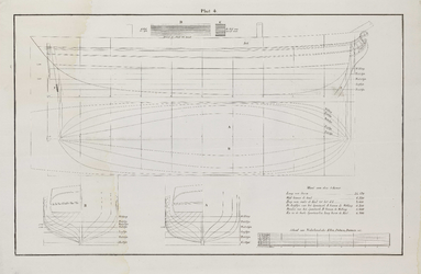 PRT-0232 Technische tekeningen van een schoener, met weergave van diverse lijnen en maten, 1838
