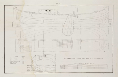 PRT-0233 Technische tekeningen van de veerboot van Lemmer op Amsterdam, met weergave van diverse lijnen en..., 1838