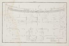 PRT-0234 Technische tekeningen van een Vlaardinger vishoeker, met weergave van diverse lijnen en maten, 1838