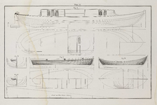 PRT-0239 Technische tekeningen van enkele schepen, met weergave van diverse lijnen en maten, 1838