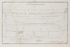 PRT-0240 Technische tekeningen van een barkschip van 300 last, met weergave van diverse lijnen en maten, 1838