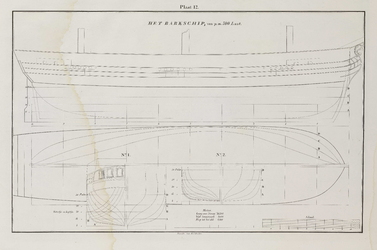 PRT-0240 Technische tekeningen van een barkschip van 300 last, met weergave van diverse lijnen en maten, 1838