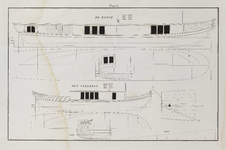 PRT-0241 Technische tekeningen van een barge en een trekjacht, met weergave van diverse lijnen en maten, 1838