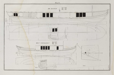 PRT-0241 Technische tekeningen van een barge en een trekjacht, met weergave van diverse lijnen en maten, 1838