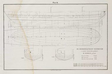 PRT-0242 Technische tekeningen van de derdehalfmast schoner 'De Zeemeeuw', met weergave van diverse lijnen..., 1838