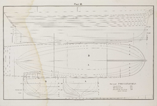 PRT-0244 Technische tekeningen van een fregatschip, met weergave van diverse lijnen en maten, 1838