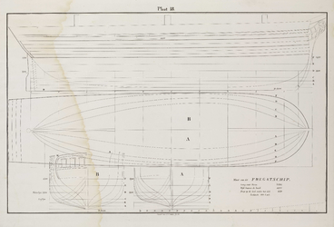 PRT-0244 Technische tekeningen van een fregatschip, met weergave van diverse lijnen en maten, 1838