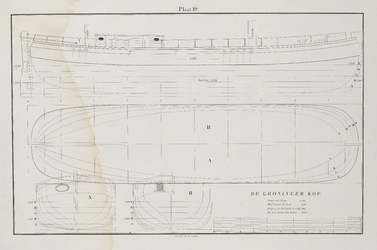 PRT-0245 Technische tekeningen van een Groninger kof, met weergave van diverse lijnen en maten, 1838