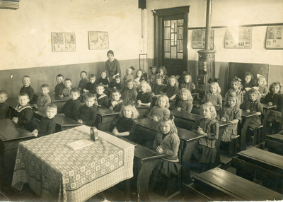 11171 Nieuwewegse school, klassenfoto binnen en potkachel in de klas.