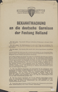 249 Bekanntmachung an die Deutsche Garnizon der Festung Holland. Andere zijde: Mededeeling aan de bevolking van bezet ...