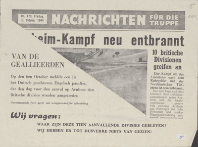 250 Pamflet met op de voorzijde een (gedeeltelijke) afdruk van het blad Nachrichten für die Truppe , nr 173, Freitag ...