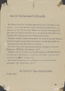 391 Aan de Commandant te Utrecht, De Nederlandsche verdedigingsstelling aan de Grebbe is ingenomen .... De Duitsche ...
