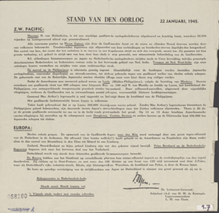 603 Stand van den oorlog, 22 januari 1945. Oorlogsnieuws betreffende de Zuid-West Pacific en Europa. Tekst: ...