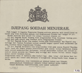 606 Djepang soebah menjerah (Japan heeft zich overgegeven). Mededeling, dat op 14 Augustus 1945 de Potsdam-verklaring ...