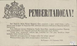 611 Pemberitahoean! - Announcement! His Majesty the Emperor of Japan has officially broadcast that on August 16, 1945 ...