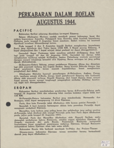 616 Perkabaran dalam boelan augustus 1944. (Nieuws over de maand Augustus). Oorlogsnieuws betreffende de Pacific en ...