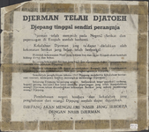 625 Voorzijde: Djerman telah djatoeh. (Duitsland heeft gecapituleerd). Mededeling, dat Duitsland zich heeft ...