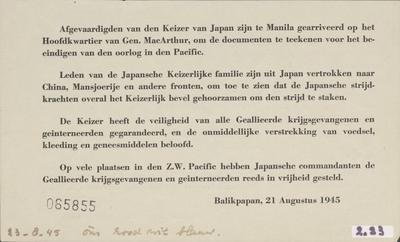 631 Afgevaardigden van den Keizer van Japan zijn te Manila gearriveerd op het hoofdkwartier van Gen. Mac Arthur om de ...