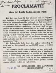 660 Proclamatie van de Bevelhebber der Japanse strijdkrachten: Aan het heele Indonesische volk . Het doel van Japan bij ...