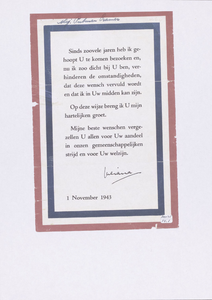 663 Pamflet, rood-wit-blauw omlijnd, met boodschap van Prinses Juliana: Sinds zoovele jaren heb ik gehoopt U te ...