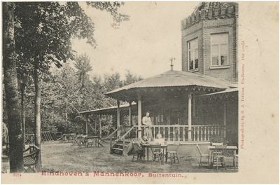 193169 De buitentuin van het Eindhovens Mannenkoor, met rechts het café-restaurant met veranda (voorheen koetshuis), ca. 1905