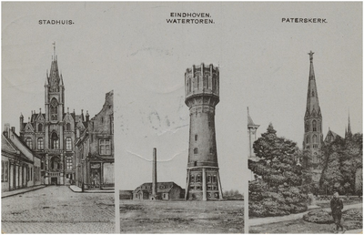 193273 Collage van 3 tekeningen waarop: 1. stadhuis, Rechtestraat 2. watertoren, Willem Elsschotlaan 3. Paterskerk, ...