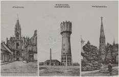 193273 Collage van 3 tekeningen waarop: 1. stadhuis, Rechtestraat 2. watertoren, Willem Elsschotlaan 3. Paterskerk, ...