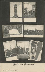 193274 Collage van van 7 foto's waarop: 1. Watertoren, Willem Elsschotlaan 2. Stratumseind 3. Nederlandsche Postzegels ...
