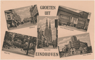 193283 Collage van 5 foto's waarop: 1. Marktstraat 2. Philips Ontspanningsgebouw, Mathildelaan 3. Stratumseind 4. ...