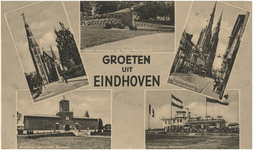 193289 Collage van 5 foto's waarop: 1. Paterskerk 2. Radiomonument in Gem. Wandelpark 3. St. Catharinakerk, ...