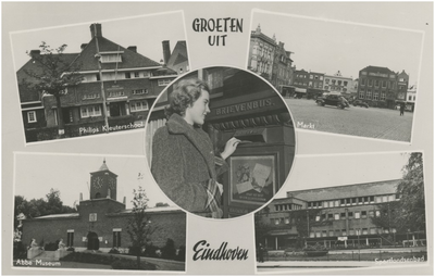 193296 Collage van 5 foto's waarop: 1. Philips Kleuterschool 2. Markt 3. het posten van een brief 4. Abbe Museum 5. ...