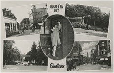 193297 Collage van 5 foto's waarop: 1. Hoogstraat 2. Radio Monument 3. het posten van een brief 4. Philips Sportpark 5. ...