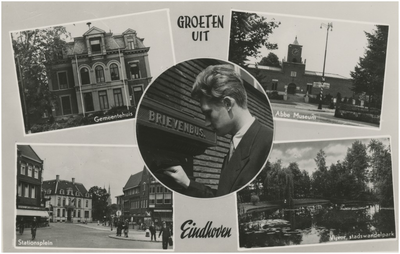 193298 Collage van 5 foto's waarop: 1. Gemeentehuis 2. Abbe Museum 3. het posten van een brief 4. Stationsplein 5. ...