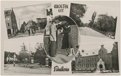 193299 Collage van 5 foto's waarop: 1. Kruispunt Keizersgracht 2. Vestdijk 3. het posten van een brief 4. Philipsdorp ...