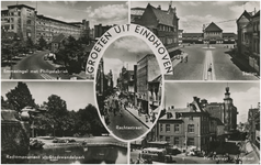 193300 Collage van 5 foto's waarop: 1. Emmasingel met Philipsfabriek 2. Station 3. Rechtestraat 4. Radiomonument i/h ...
