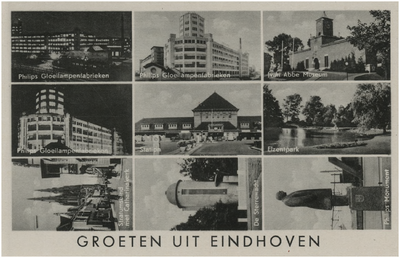 193302 Collage van 9 foto's waarop: 1. Avondopname Philips Gloeilampenfabrieken 2. Philips Gloeilampenfabrieken 3. van ...