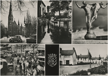 193307 Collage van 6 foto's waarop: 1. Paterskerk 2. Genneper Watermolen 3. Bevrijdingsmonument, Stadhuisplein 4. het ...
