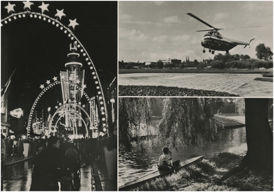 193310 Collage van 3 foto's waarop: 1. Avondopname van de Demer 2. Heliport, Boutenslaan 3. Kanovaren op de Dommel of ...