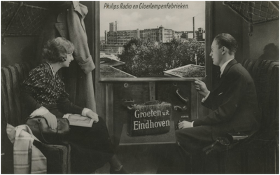 194443 Reclame ter promotie van Philips NV: het bewonderen van de Philips Gloeilampenfabrieken door treinreizigers, 1935