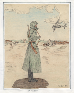 89.01-10929 Duitse soldaat staat op wacht, terwijl een duits gevechtsvliegtuig voorbij scheert.