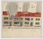 89.12-10929 Bombardement woningen aan de Primulastraat te Eindhoven; huizenblok staat in brand, bloedspoor bij een van ...