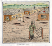 89.23-10929 Een duitse militair houdt de wacht bij een concentratiekamp.