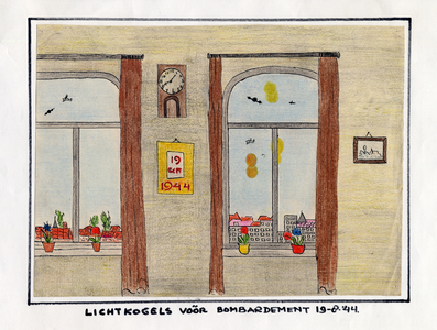89.37-10929 Vanuit woonkamer zicht op lichtkogels en vliegtuigen voorafgaand aan bombardement op de Eindhovense ...