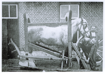 500202 Het beslaan van een paard door de smid in een zg Hoefstal , 1950